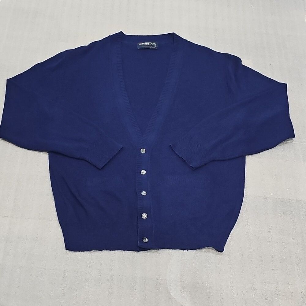 VTG Puritan Cardigan Mens XL Blue Grandpa Preppy Pockets Orlon Acrylic USA
